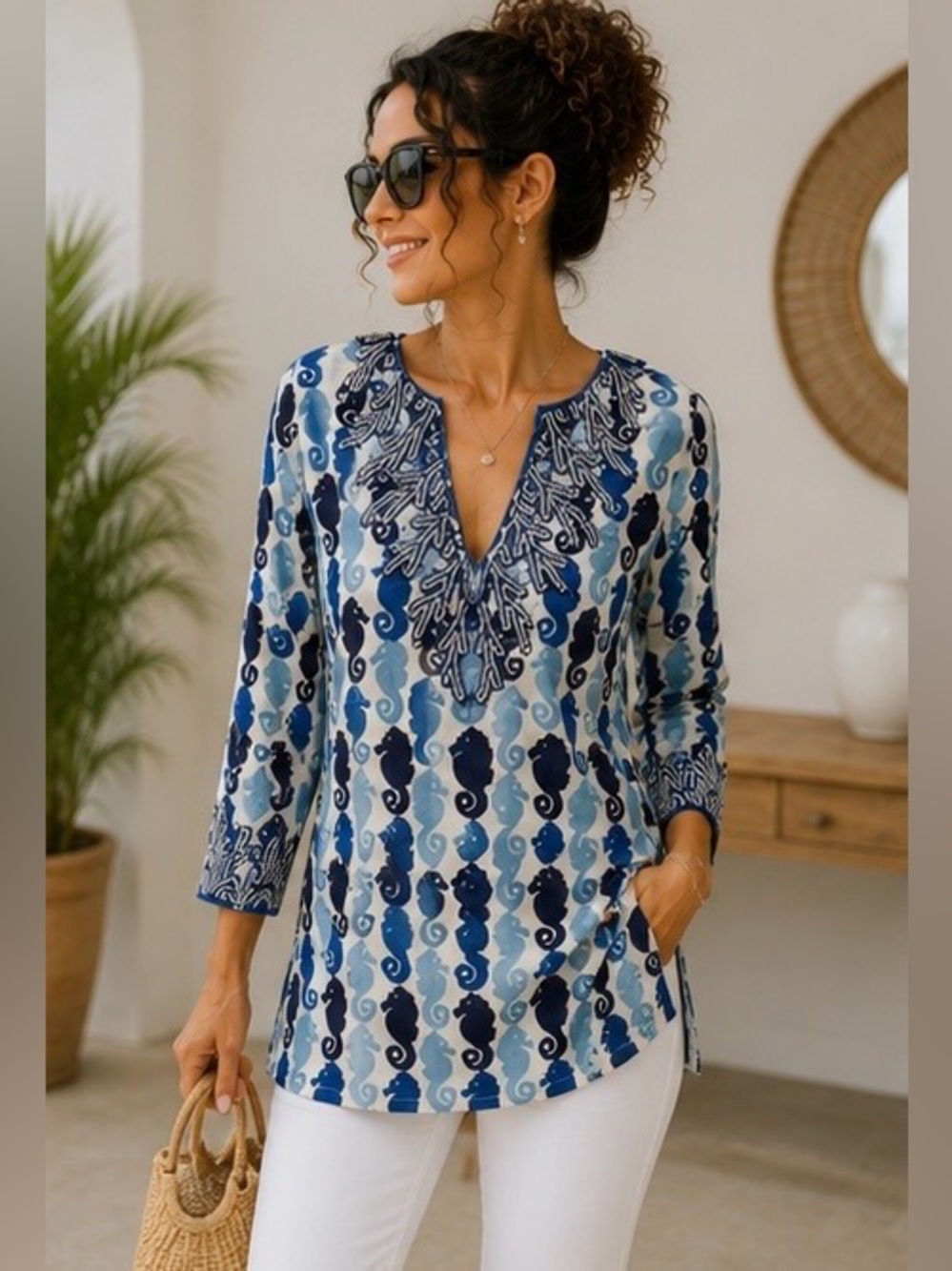 Barbara Gerwit Blue & White Seahorse Beaded Tunic Top | Size Small | EUC